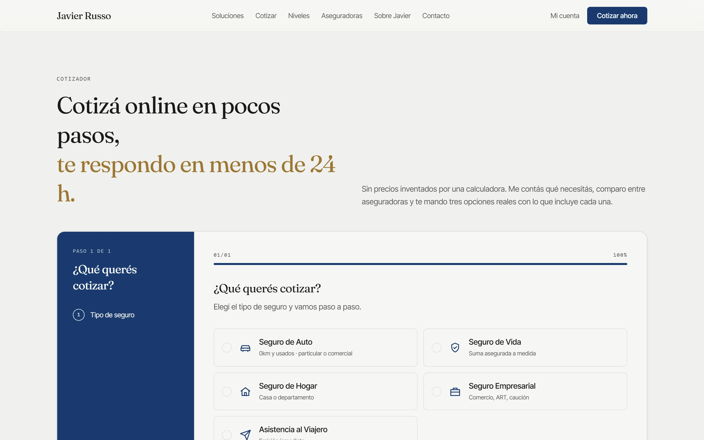 Captura del sitio de Javier Russo Seguros en escritorio